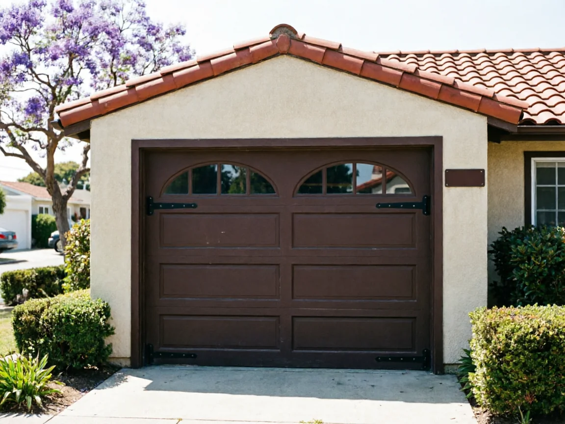 The brown garage door has arched windows and decorative black hardware.