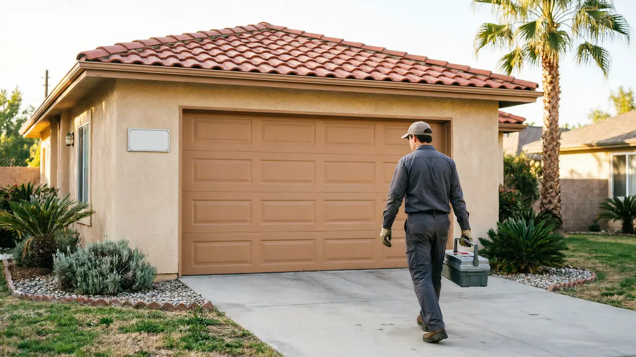 Installer fitting a new white raised-panel garage door on a shingle-sided home