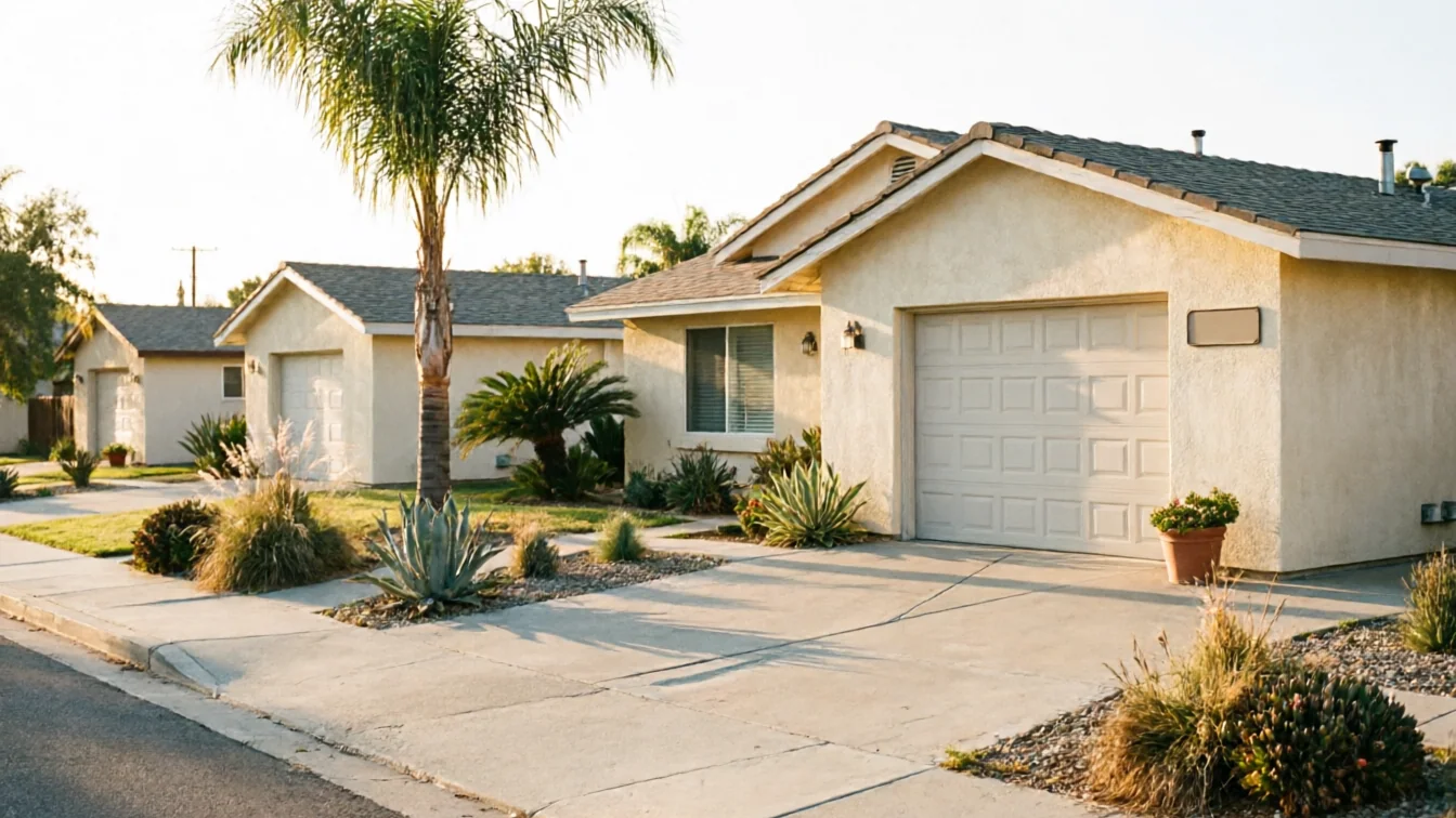 The garage door of a beige house with a palm tree in the front yard.