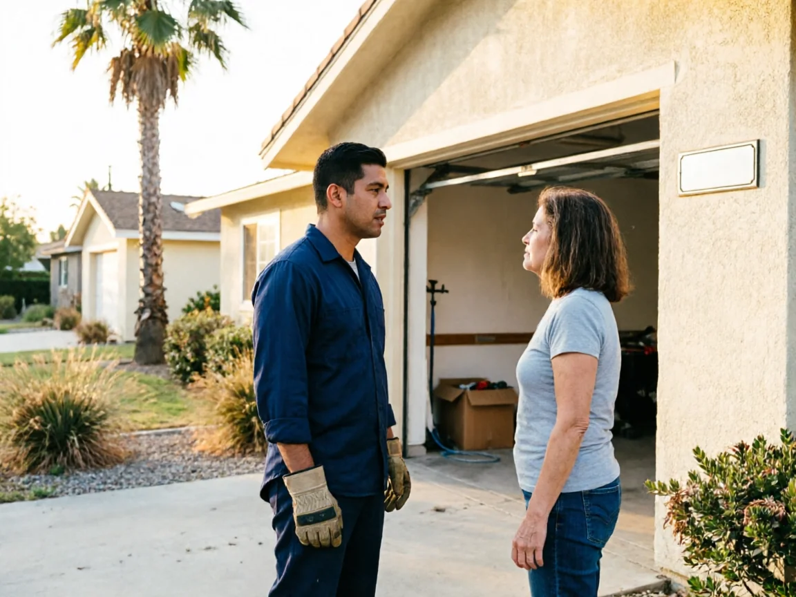 A technician and a woman stand facing each other in a driveway.