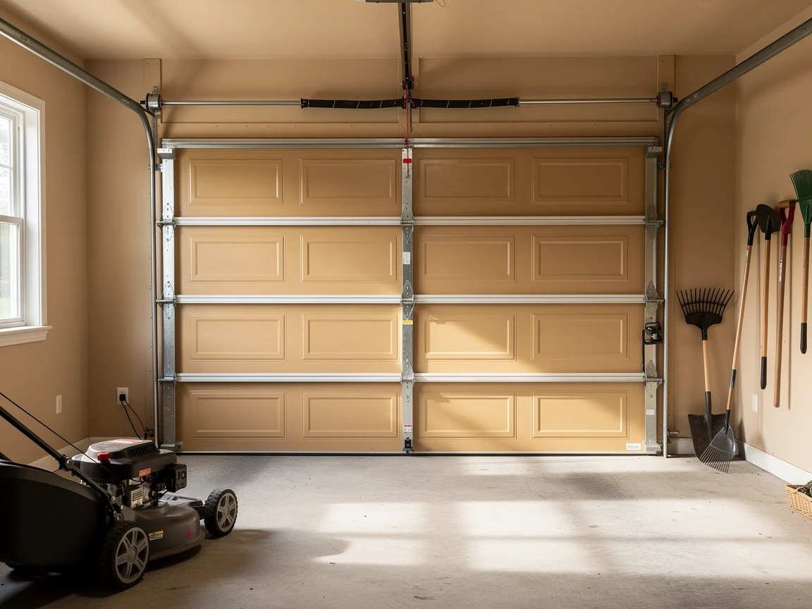 A closed tan garage door with a torsion spring and tracks is inside a garage.
