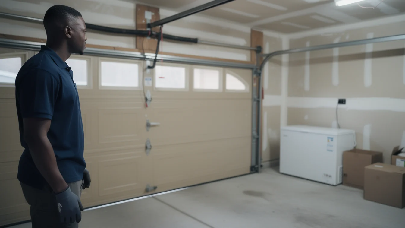 A technician in a blue shirt and gloves stands in a garage with a closed door.
