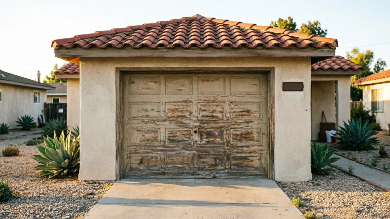 The garage door is old and peeling, with a tiled roof above.