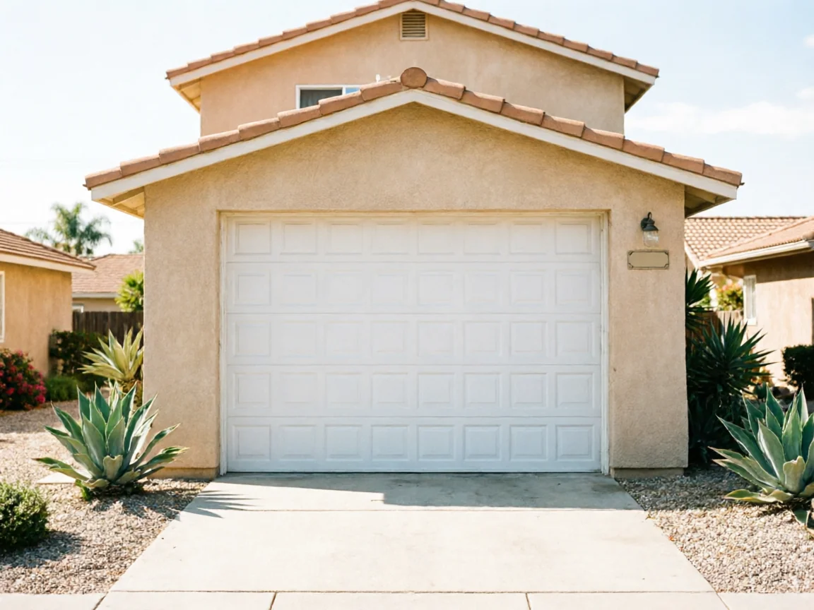 A white paneled garage door is on a stucco house with a tiled roof.
